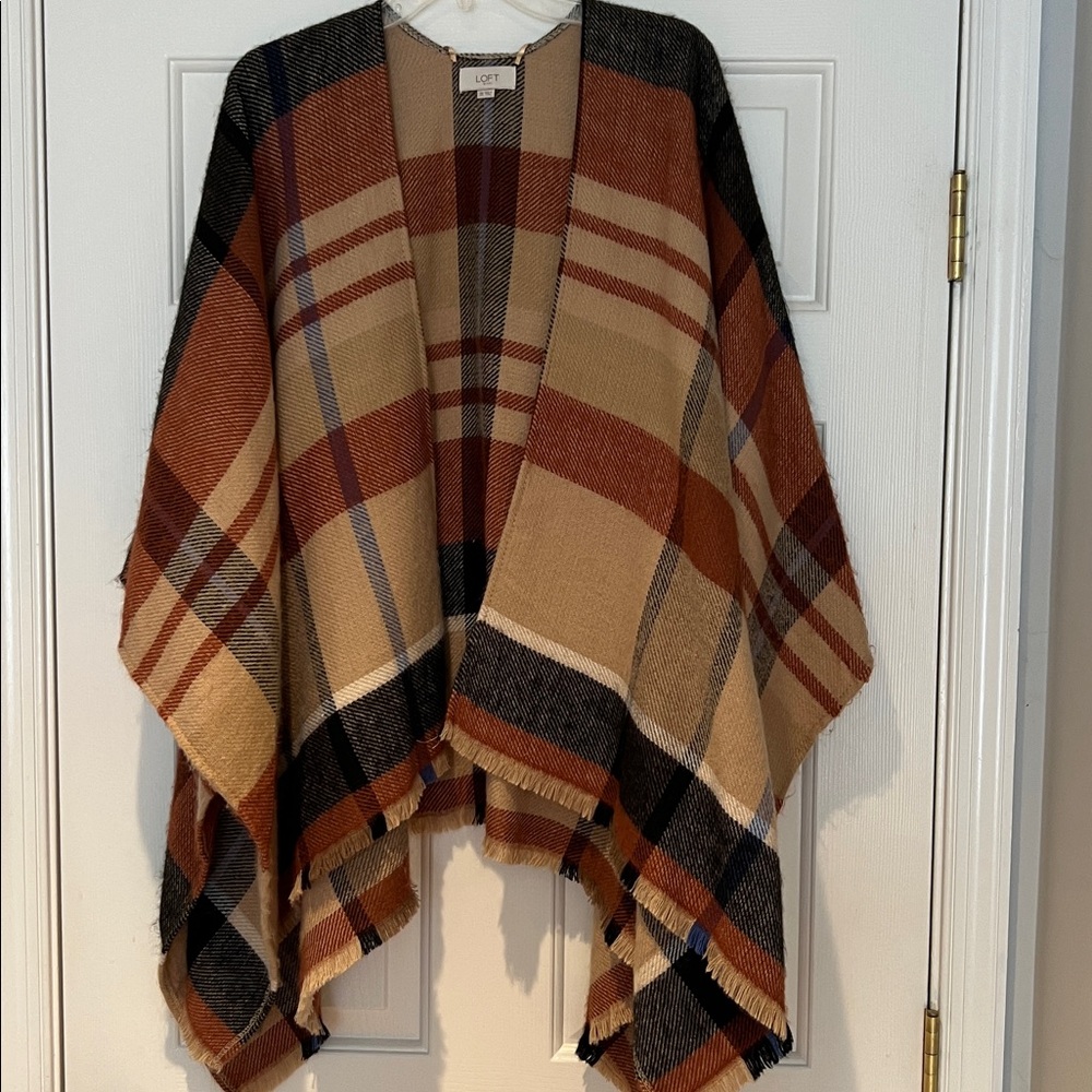 LOFT Plaid Poncho in Black, Brown, and Tan